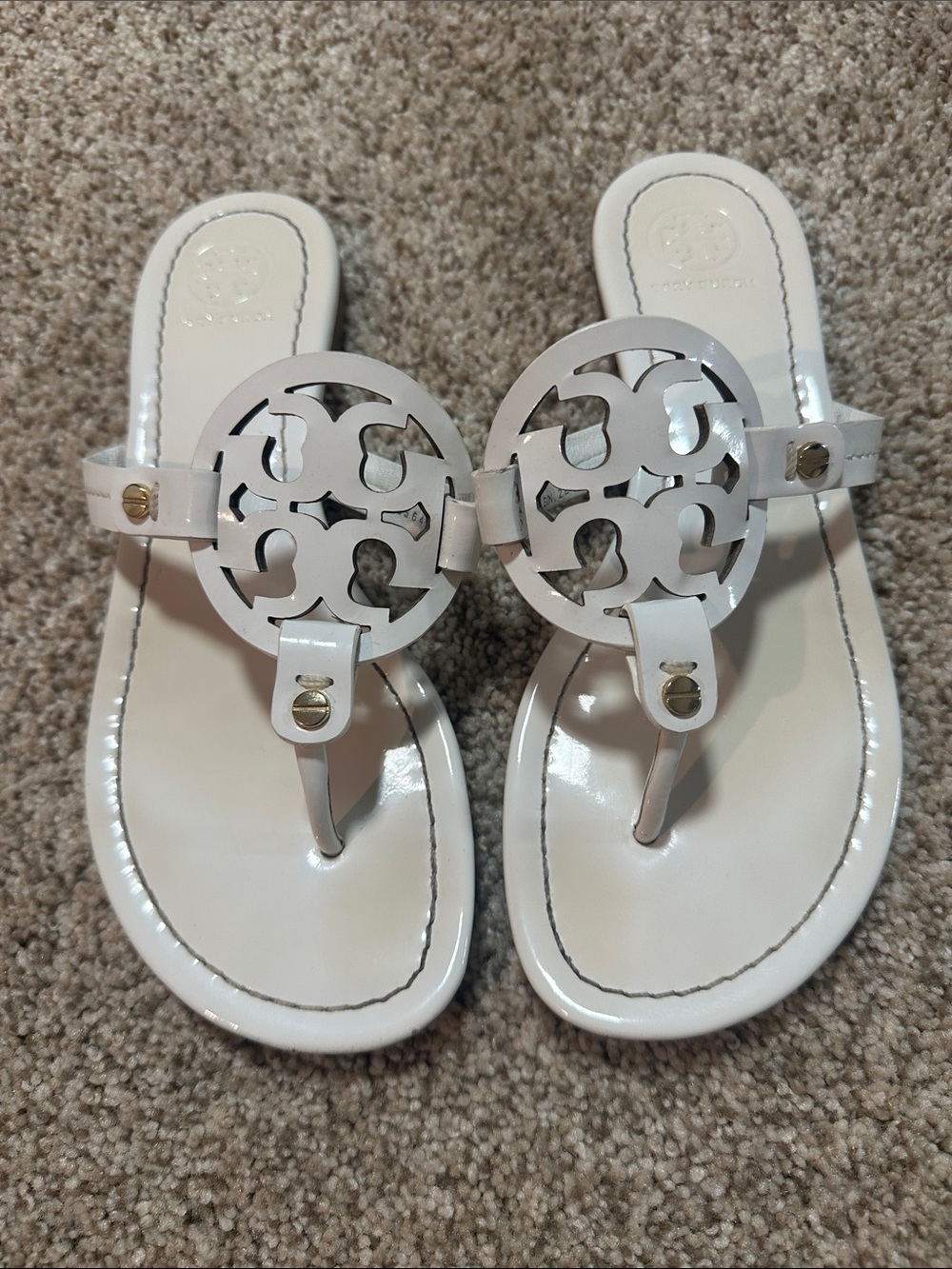 Tory Burch White Patent Leather Logo Thong Sandals